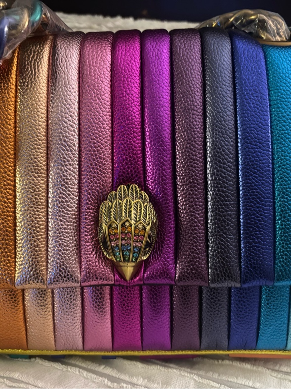 Kurt Geiger Metallic Rainbow Leather Shoulder Bag with Gold Clasp